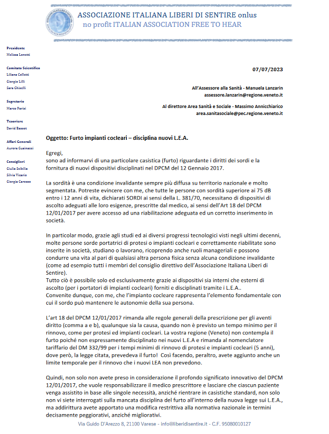 Lettera a Regione Veneto