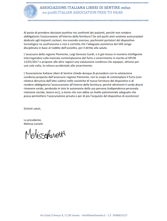 Lettera a Regione Veneto