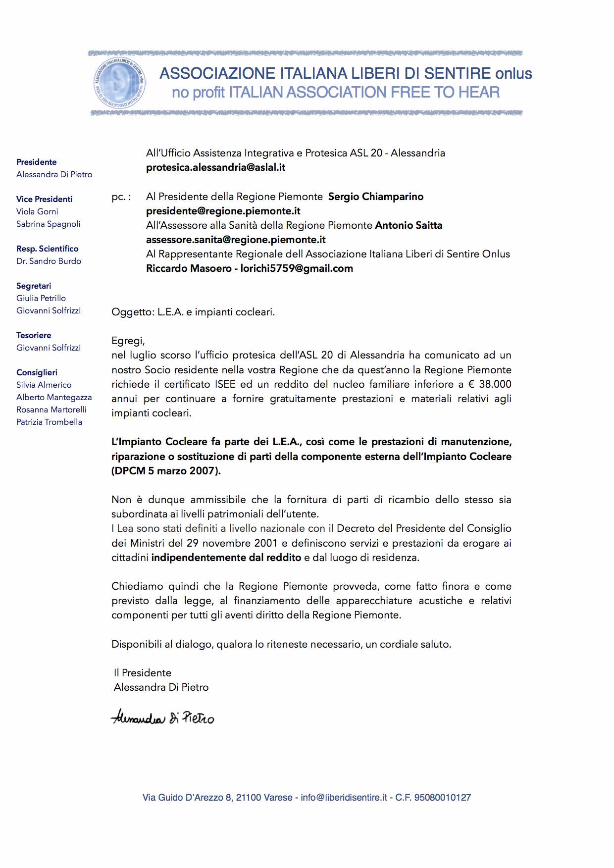 Lettera a ASL di Alessandria