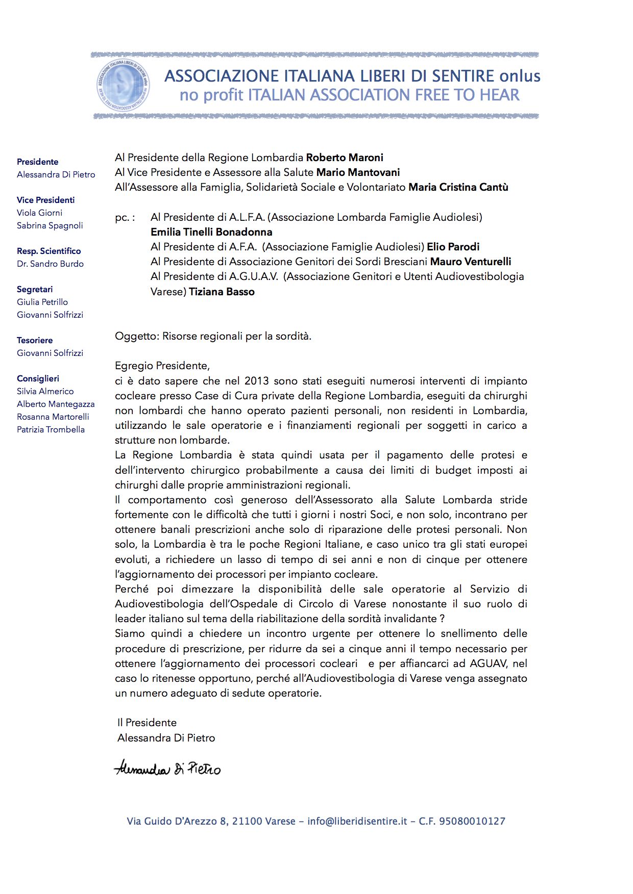 Lettera a Regione Lombardia